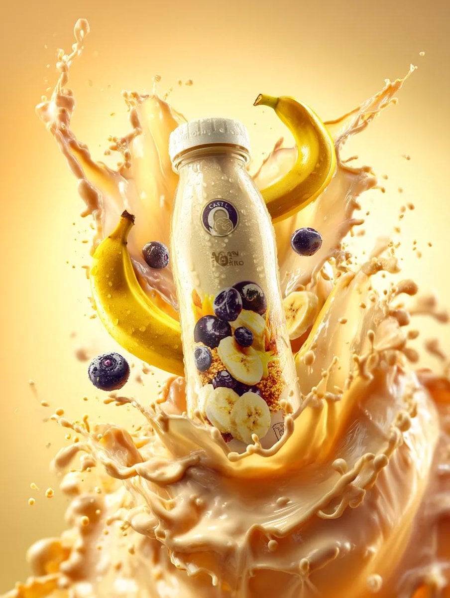 Premium Banana Milk Drink Bottle Surrounded By Food Nano Banana Prompt AI image prompt example 2