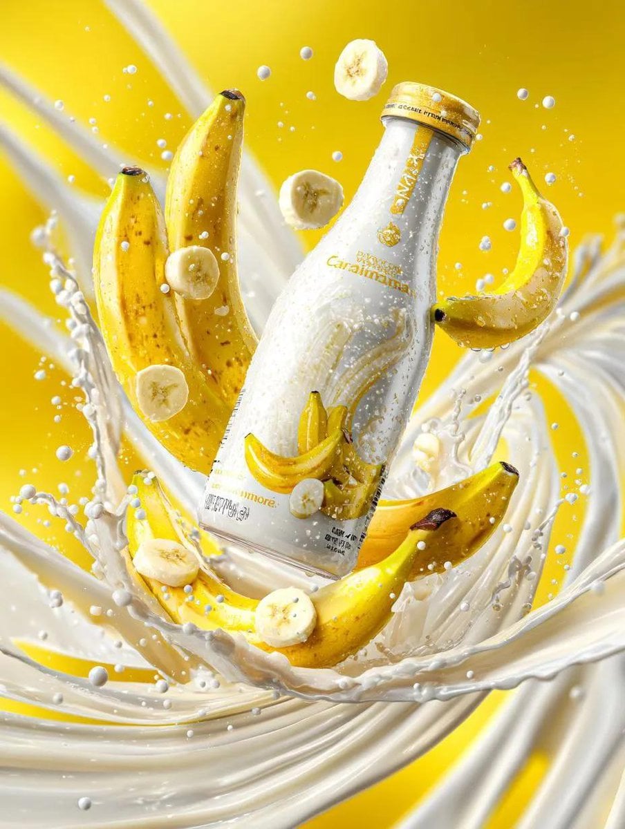 Premium Banana Milk Drink Bottle Surrounded By Food Nano Banana Prompt AI image prompt example 3