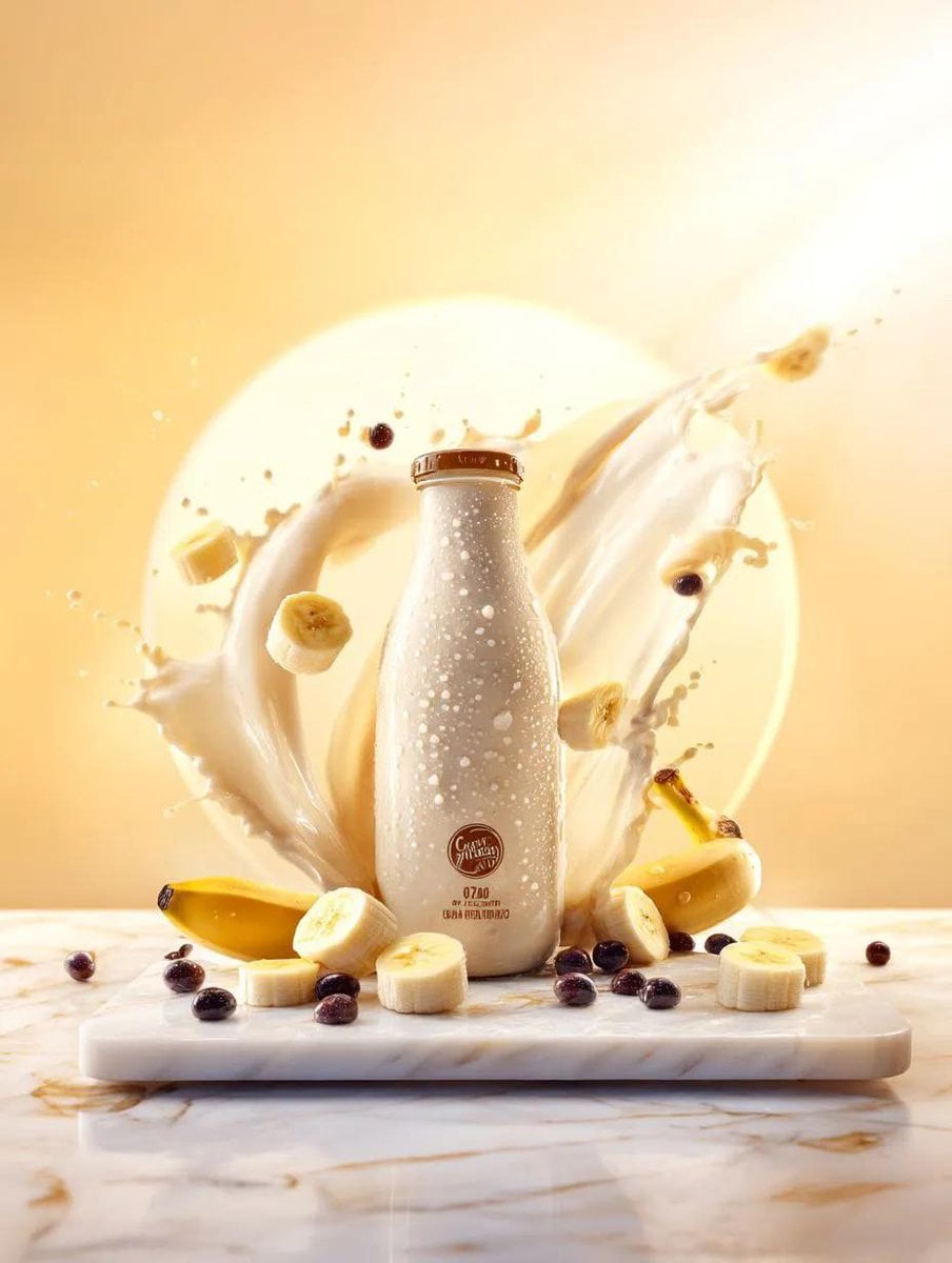 Premium Banana Milk Drink Bottle Surrounded By Food Nano Banana Prompt AI image prompt example 4
